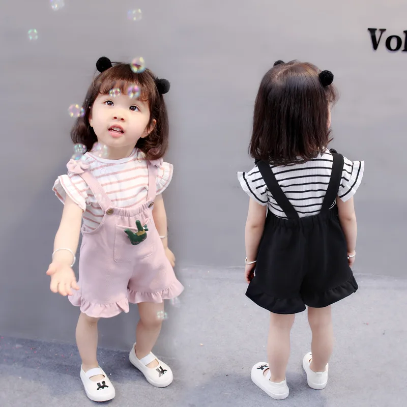 Newborn baby girl striped formal top suit cute girl party suit soft cotton clothes+suspenders baby suit 0-4 years old