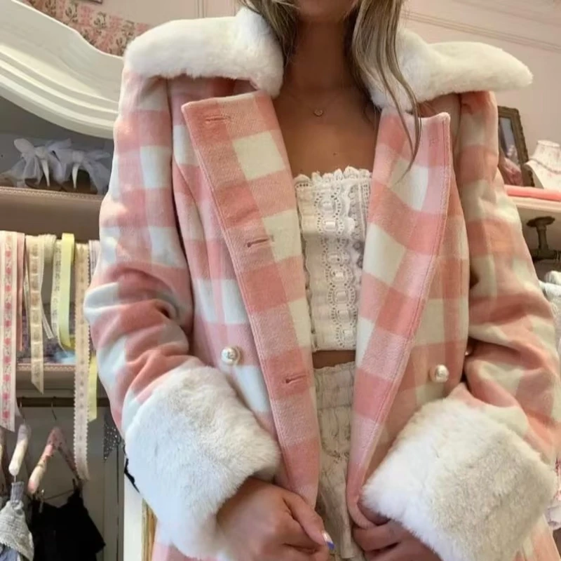 

Women Plaid Long Fur Coat Wool Collar fashion Warm Coat