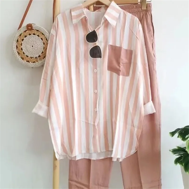 Костюм женский летний и осенний, новинка 2023, модный костюм в полоску, повседневные брюки с длинными рукавами и карманами, комплекты из двух предметов