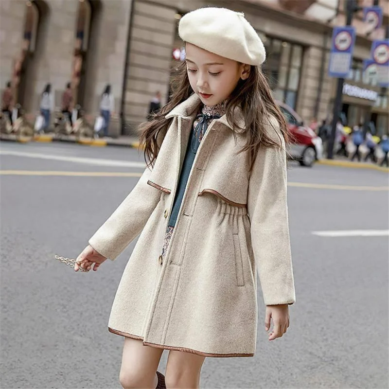 

Children Girls Coats Outerwear Winter Jackets Woolen Long Trench Teenagers Warm Clothes Kids Outfits for 8 10 12 14 Years