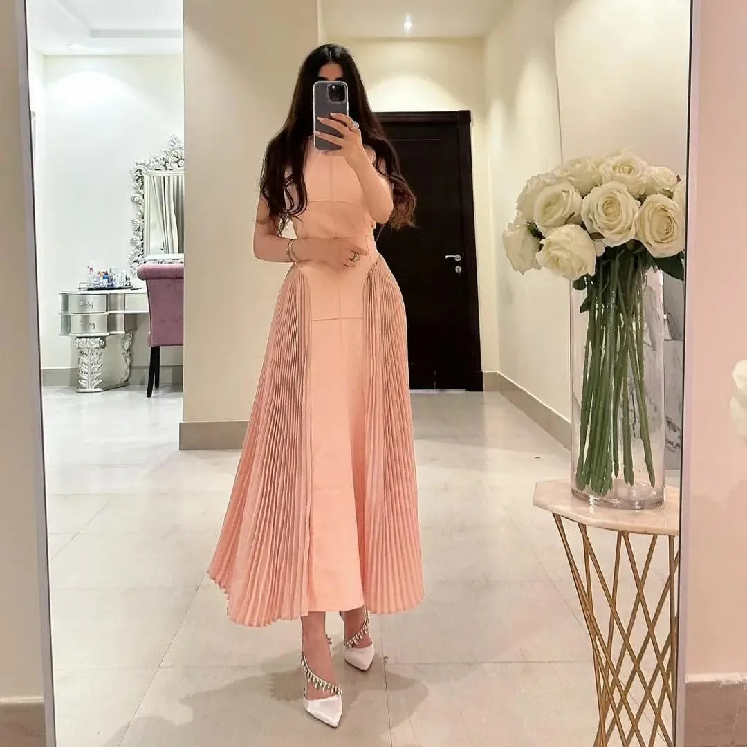 

Sayulita Ankle Length Prom Dresses Dubai Saudi Arabia Women Wear High Collar Pleats Birthday Party Robes De Cocktail Dress