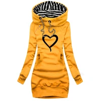 hot sale striped hat long hoodie dress spring and autumn fashion love print yellow plus size zipper pocket thickening women wear