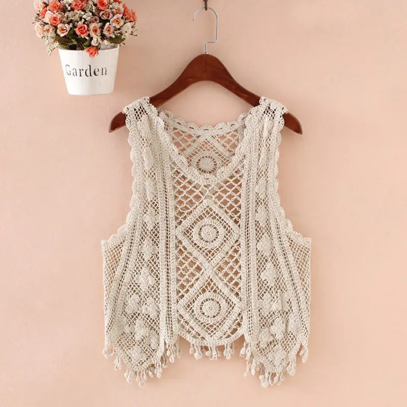 

Summer New Hook Flower Lace Solid Stitching V-neck Camis Female Knitted Short Section Slim Outer Wear Shirt Trend Tank Tops