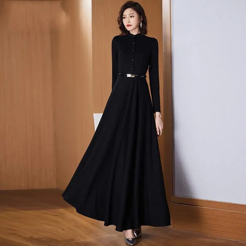 

Spring Autumn Elegant Fashion Floral Solid Slim Maxi Dress Women Long Sleeve Waist Temperament Vestidos Casual Robe Dresses V233