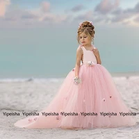 baby pink spaghetti strap a line flower girl dresses for wedding 2022 with sleeveless soft tulle summer baby birthday dress