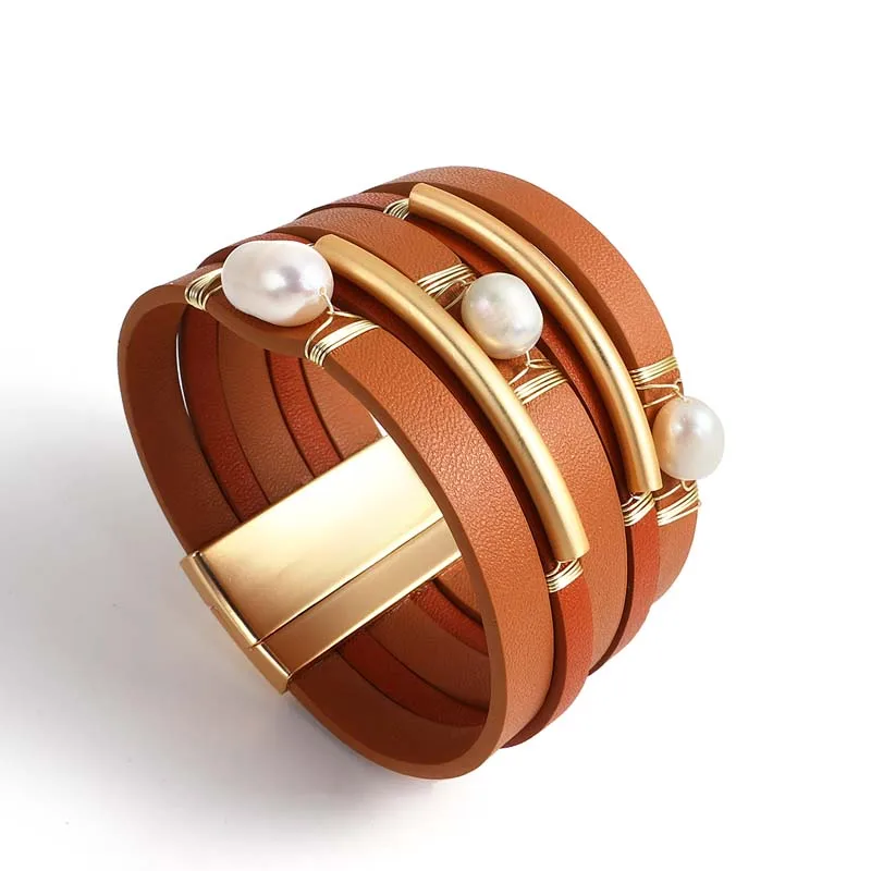 

Amorcome Vintage Natural Pearls Beads Leather Wrap Bracelets for Women Girls Gold Metal Tube Charm Bangle Bracelets Jewelry