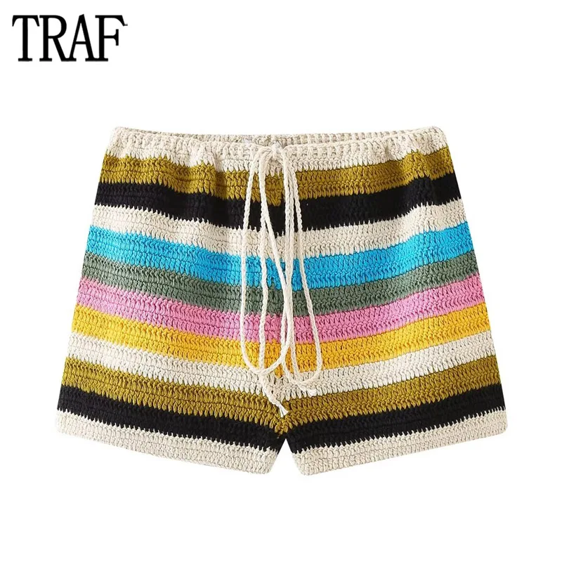 

TRAF Striped Knit Shorts for Women Mid Rise Bermuda Shorts Woman Summer 2023 Crochet Shorts Women Holiday Beach Women's Shorts