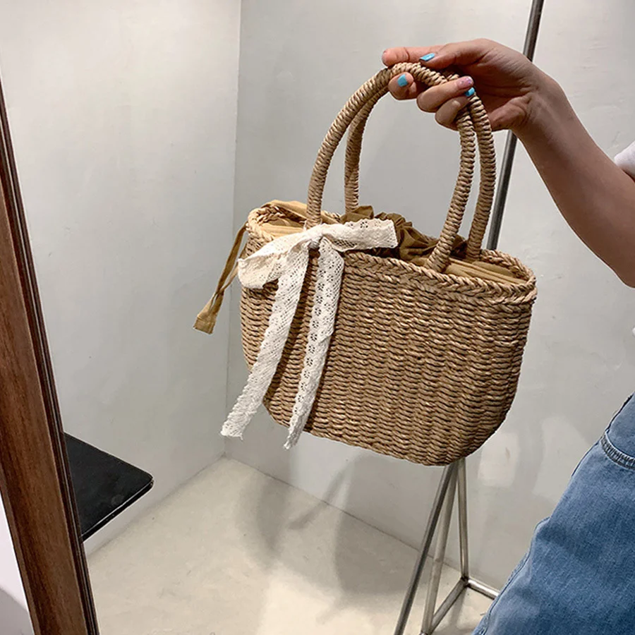 

Japanese Harajuku Women's Bag Summer Beach Bag Casual Straw Woven Bag Bohemia Holiday Woven Rattan Totes Bag Hollow Handbags Sac