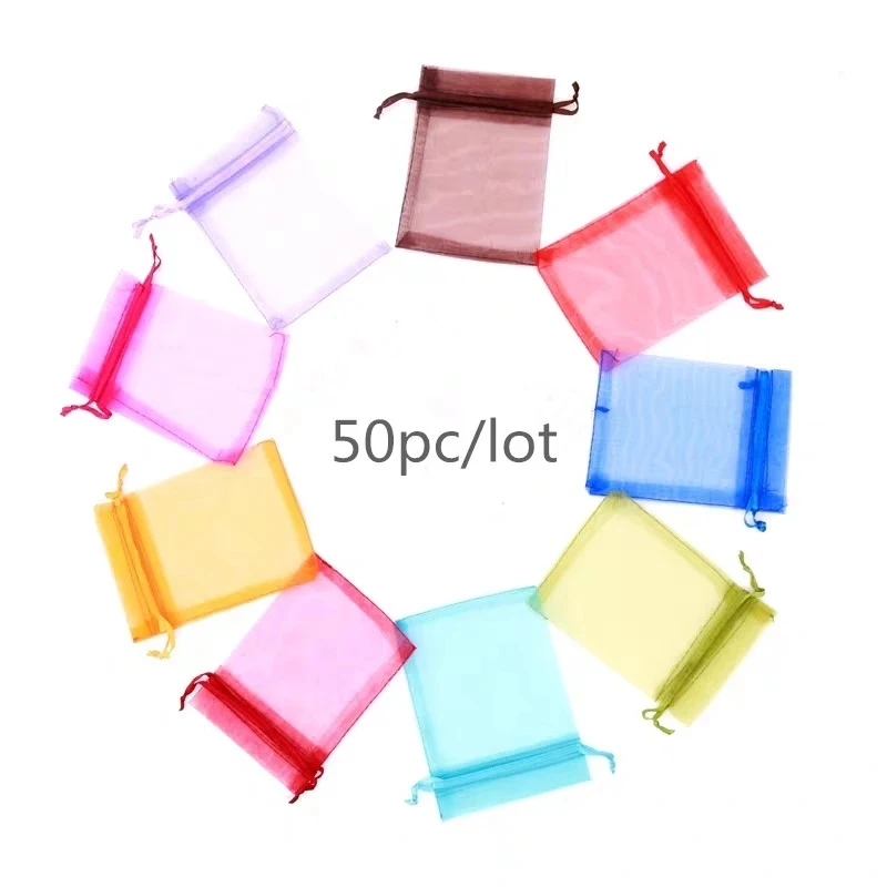 50pcs/lot (4 Size) Organza Gift Bag Jewelry Packaging Bag Wedding Party Goodie Packing Favors Cake Pouches Drawable Bags Present