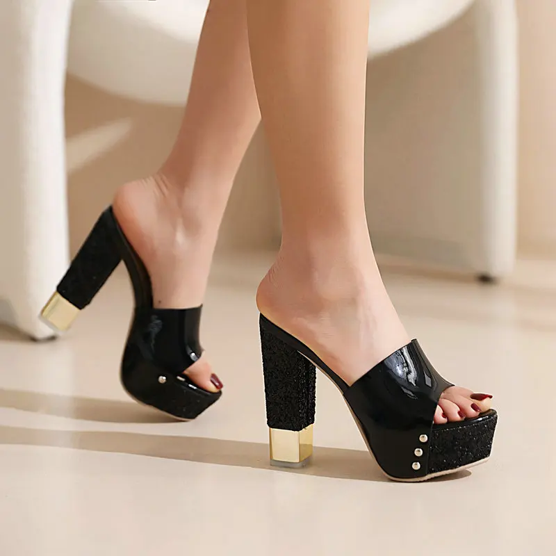 

2022 New Arrivals Fashion Bling Super High Heel Platform Sandals Square Heel Pumps Evening Party Shoes for Women Grace Footwear