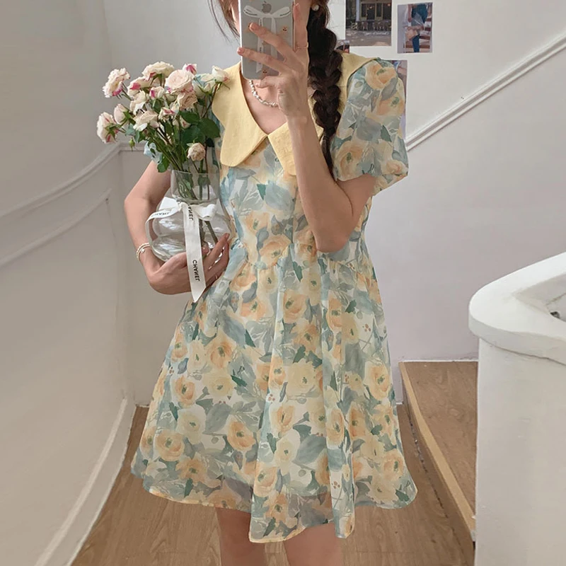 

Korean Chic Summer Sweet Women Dresses Vintage Elegant High Waist A-Line Dress Japanese Preppy Style Puff Short Sleeve Dress