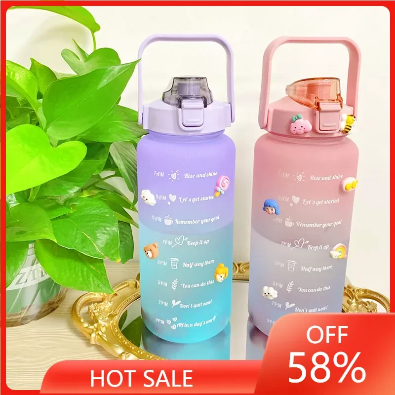 

2L Large Capacity Water Bottle With Bounce Cover Time Scale Reminder Frosted Cup With Cute Stickers For Outdoor Sports Fitness