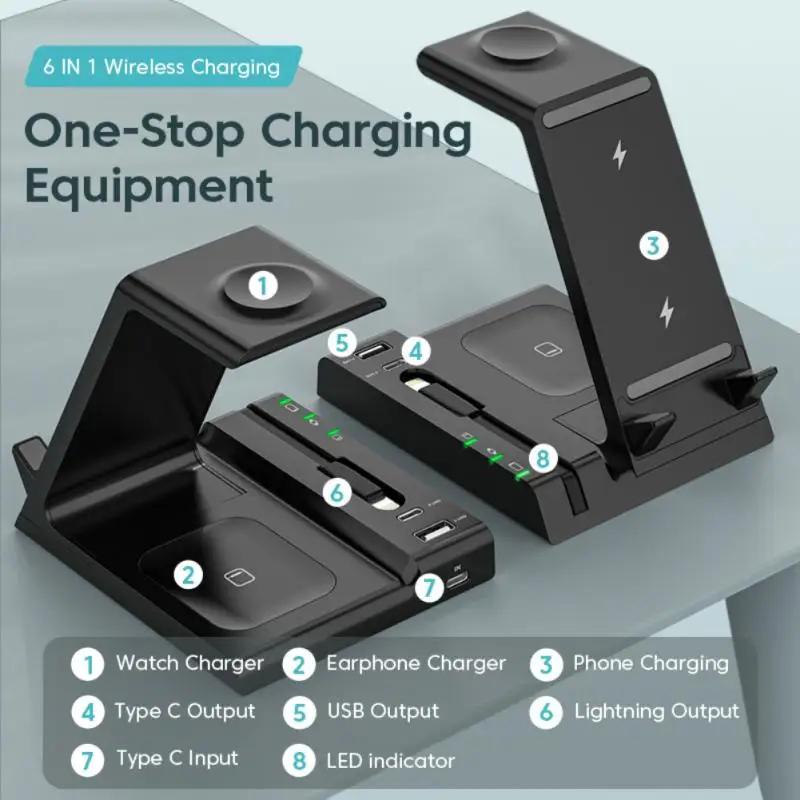 Phone Accessories Charging Stand Pad 6 In 1 Quick Charging Dock Station Multifunctional Qi Fast Charging Wireless Charger Stand