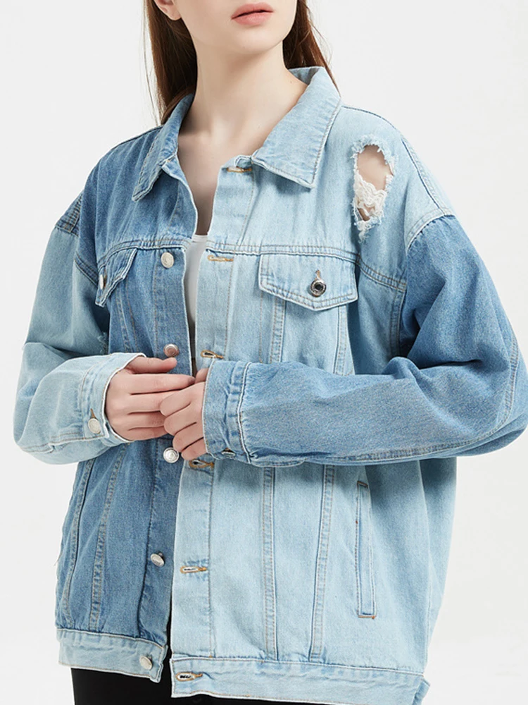 

High Street Women Retro Loose Single Breasted Blue Denim Jacket Spring Autumn Female Frayed Hole Jeans Coat Outwear