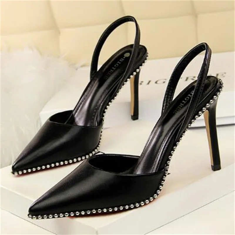 

BIGTREE Shoes Rivet High Heels Woman Pumps Pu Leather Women Heels 9cm Sexy Party Shoes Black Red Apricot Wedding Shoes Female