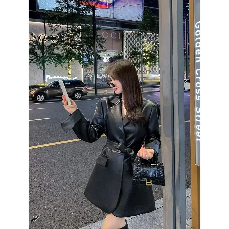 Черный женский пиджак из искусственной кожи весна-осень 202 новинка Senior Sense