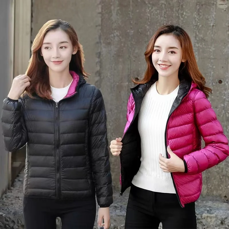 Пуховик женский ультралегкий двусторонний куртка с капюшоном и длинным рукавом