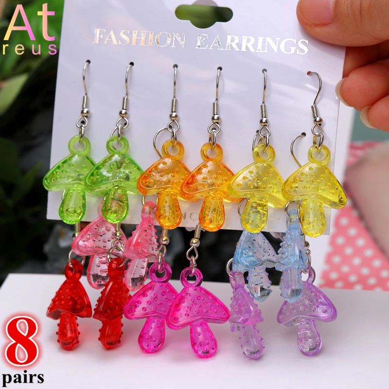 

8pairs Colorful Psychedelic Mushroom Earrings Set For Women Fashion Girl Hippie Street Style Jewelry Clear Acrylic Drop Earrings