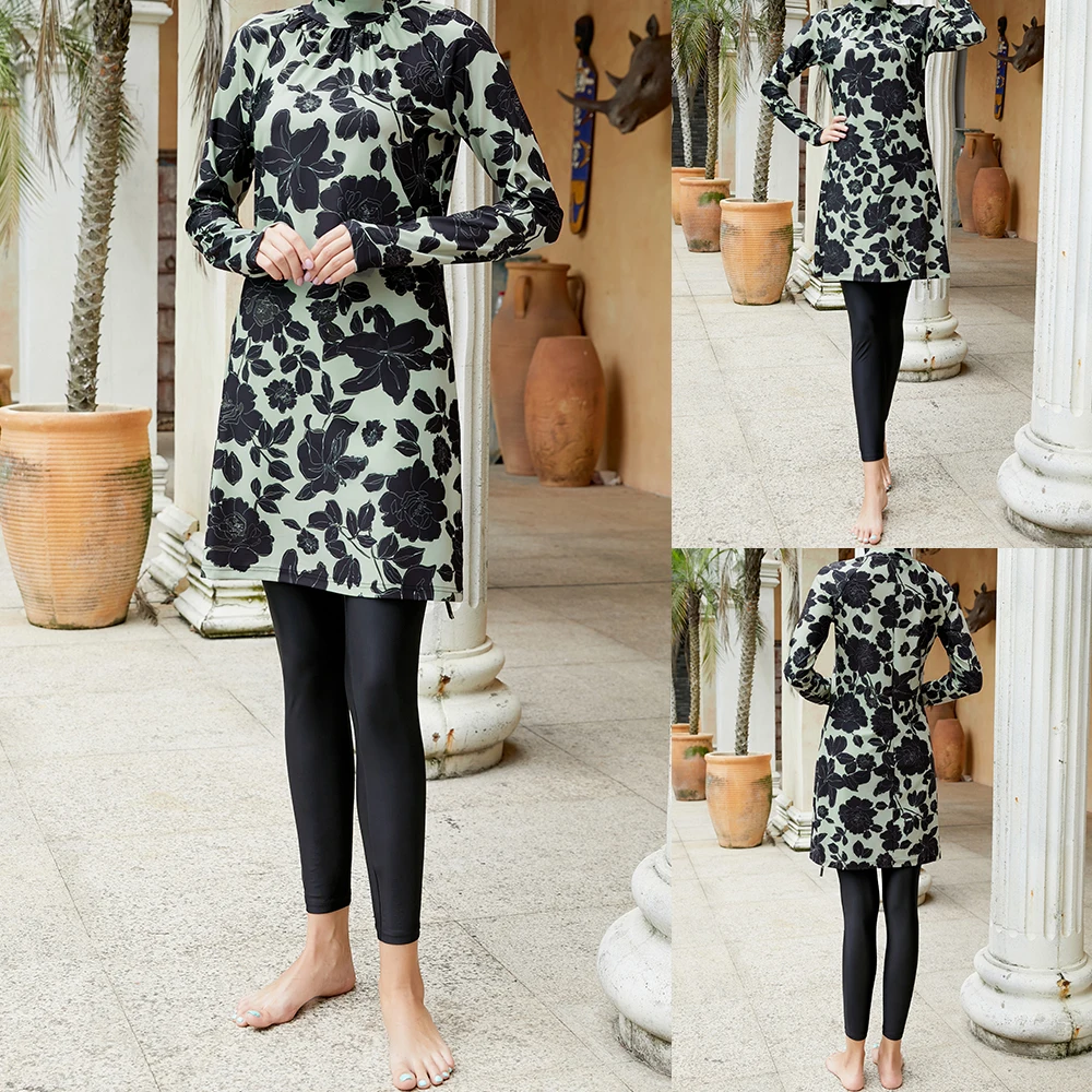 

Hijab Swimsuit Women Muslim Printed Burkini 3 Pieces Modest Swimwear Hood Islamic Women's Swimming Suit Tops Pants Caps Fashion