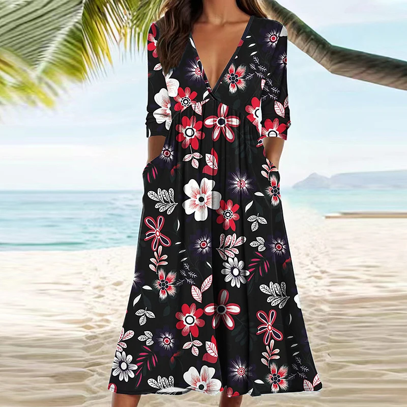 Женское винтажное Плиссированное Платье с принтом повседневное богемное платье