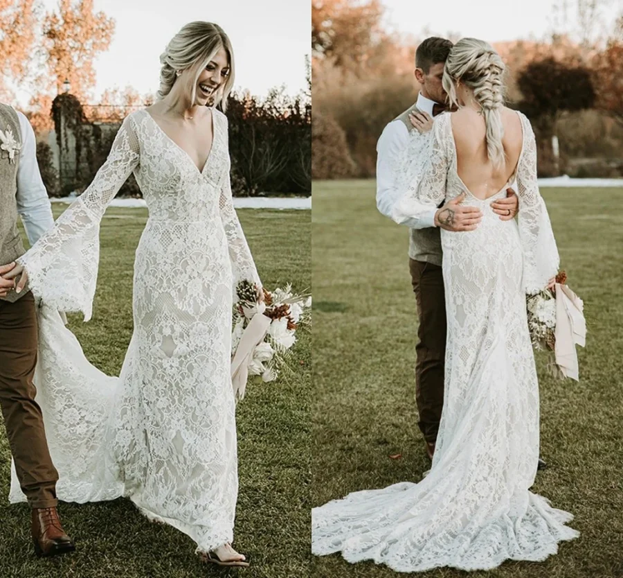 Кружевное богемное платье с длинным рукавом и юбкой-годе летние пляжные