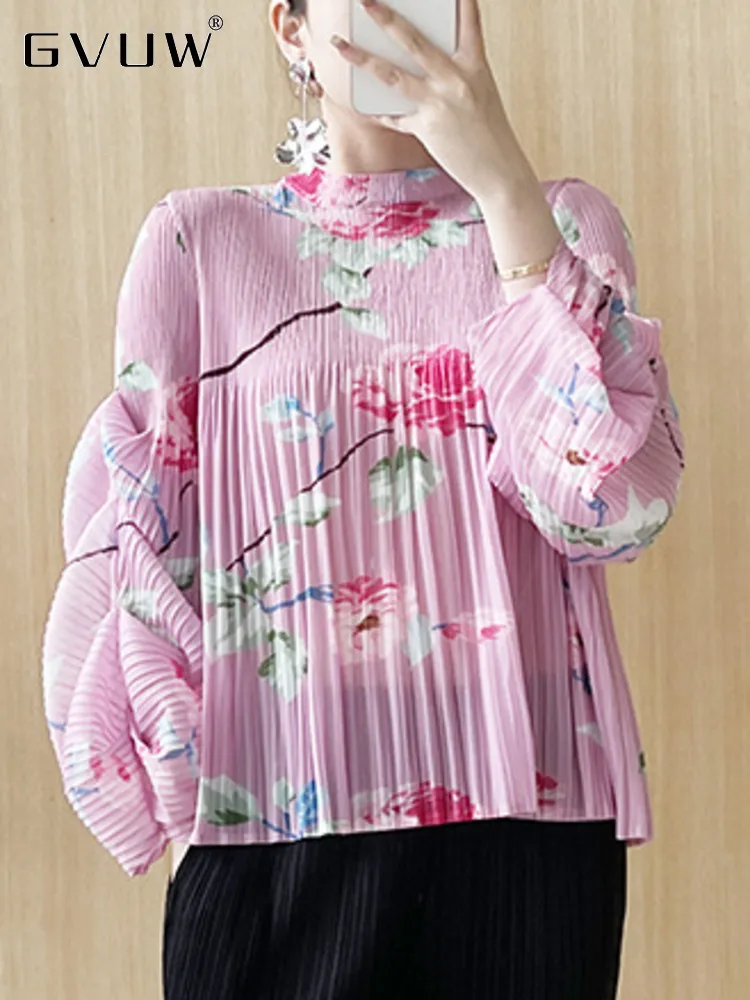 

GVUW Pleated Puff Sleeve T-shirts For Women Round Collar Loose Print Floral Female Casual Breathable Top 2023 Summer New 17J1655