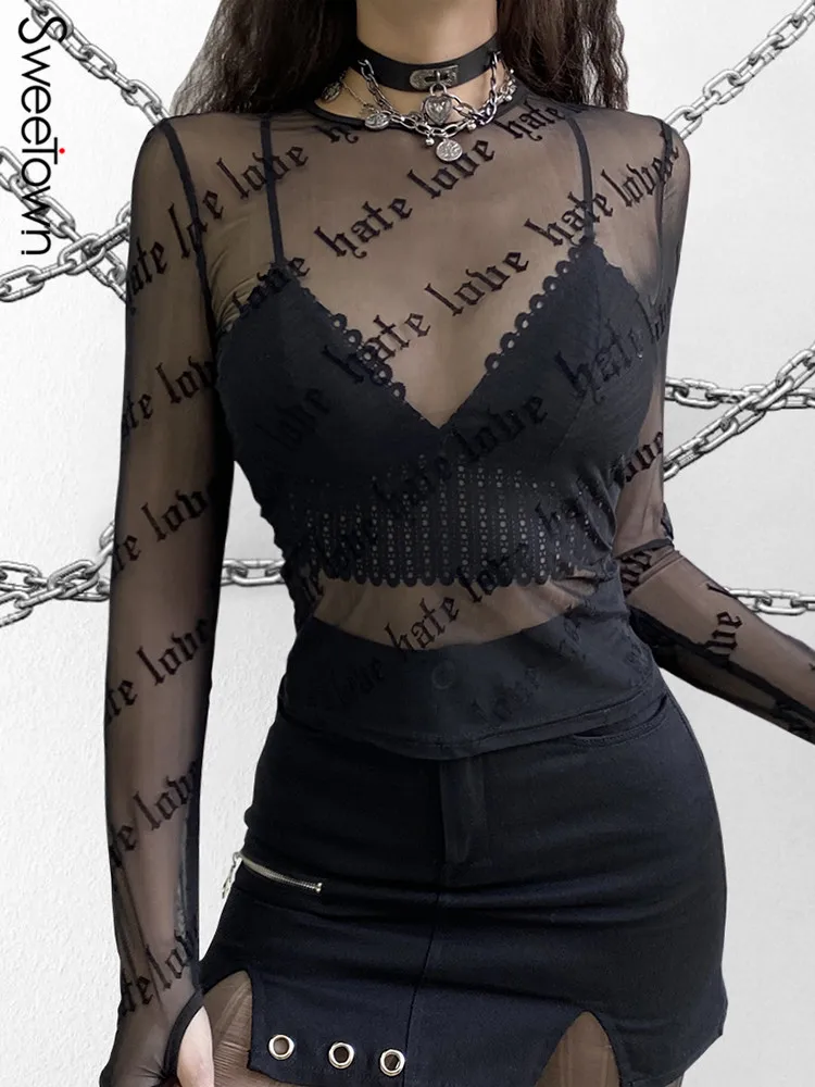 Футболка женская прозрачная сетчатая с длинным рукавом и надписью