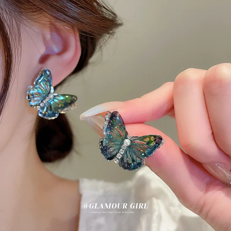 Silver Needle Zircon Pearl Diamond Butterfly Earrings Japanese And Korean Sweet Cool Wind Girl High-grade Sense Joker E