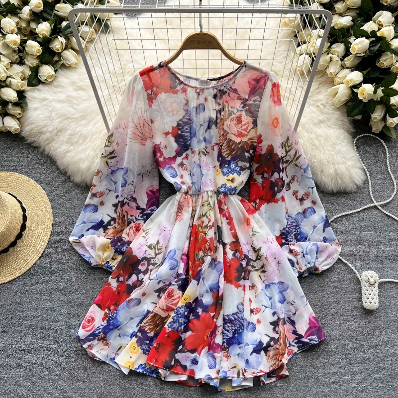

Baggy Chiffon Print Women Dress Summer 2022 Long Sleeves O Neck Floral Robe Zipper Elegant Ladies A Line Midi Vestido De Mujer