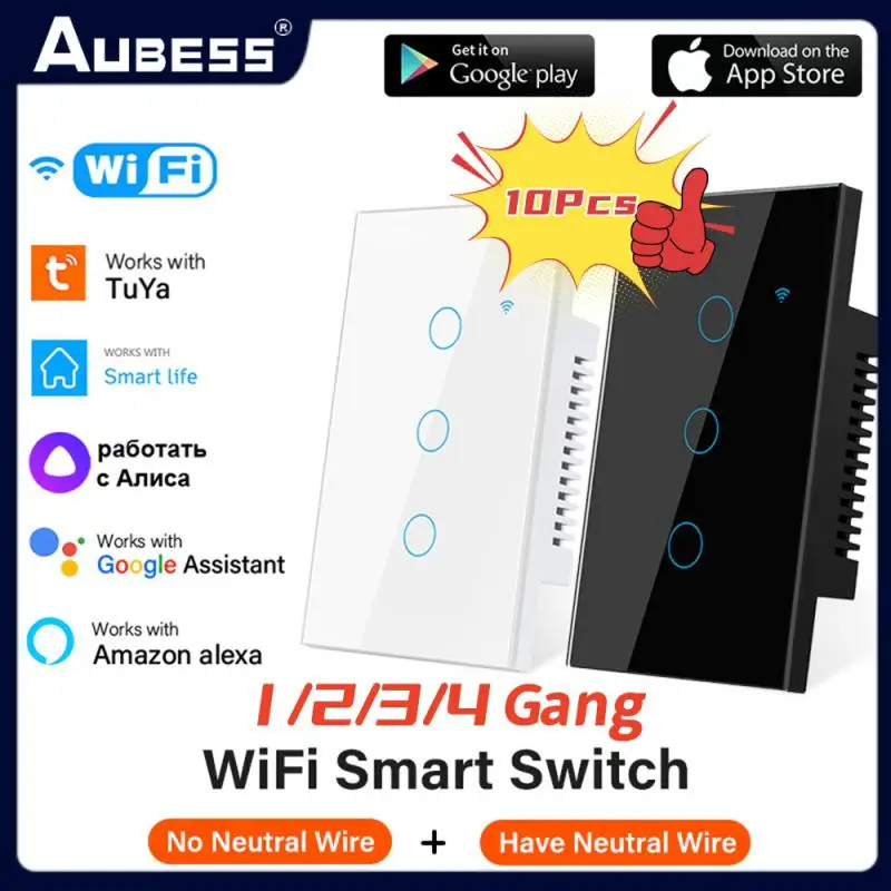 

Умный настенный выключатель Aubess Tuya US Wi-Fi, 1/3/4 клавиши, без нейтрального провода, сенсорный светодиодный выключатель, умный дом, Alexa Google Home
