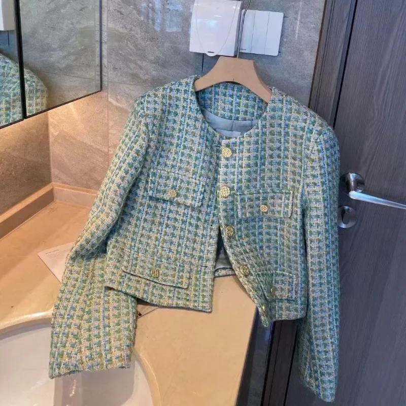 

Куртка женская твидовая в клетку, элегантный повседневный пиджак, короткий жакет в французском стиле, весна-осень