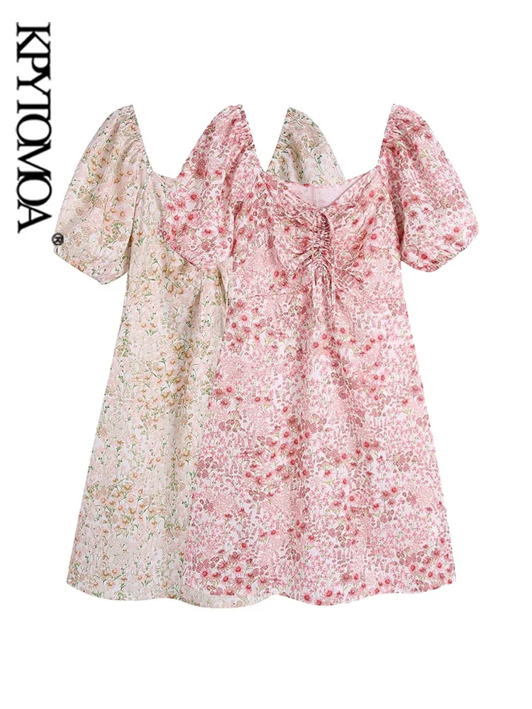 

KPYTOMOA Women Fashion With Tied Floral Print Mini Dress Vintage Short Sleeve Side Zipper Female Dresses Vestidos Mujer