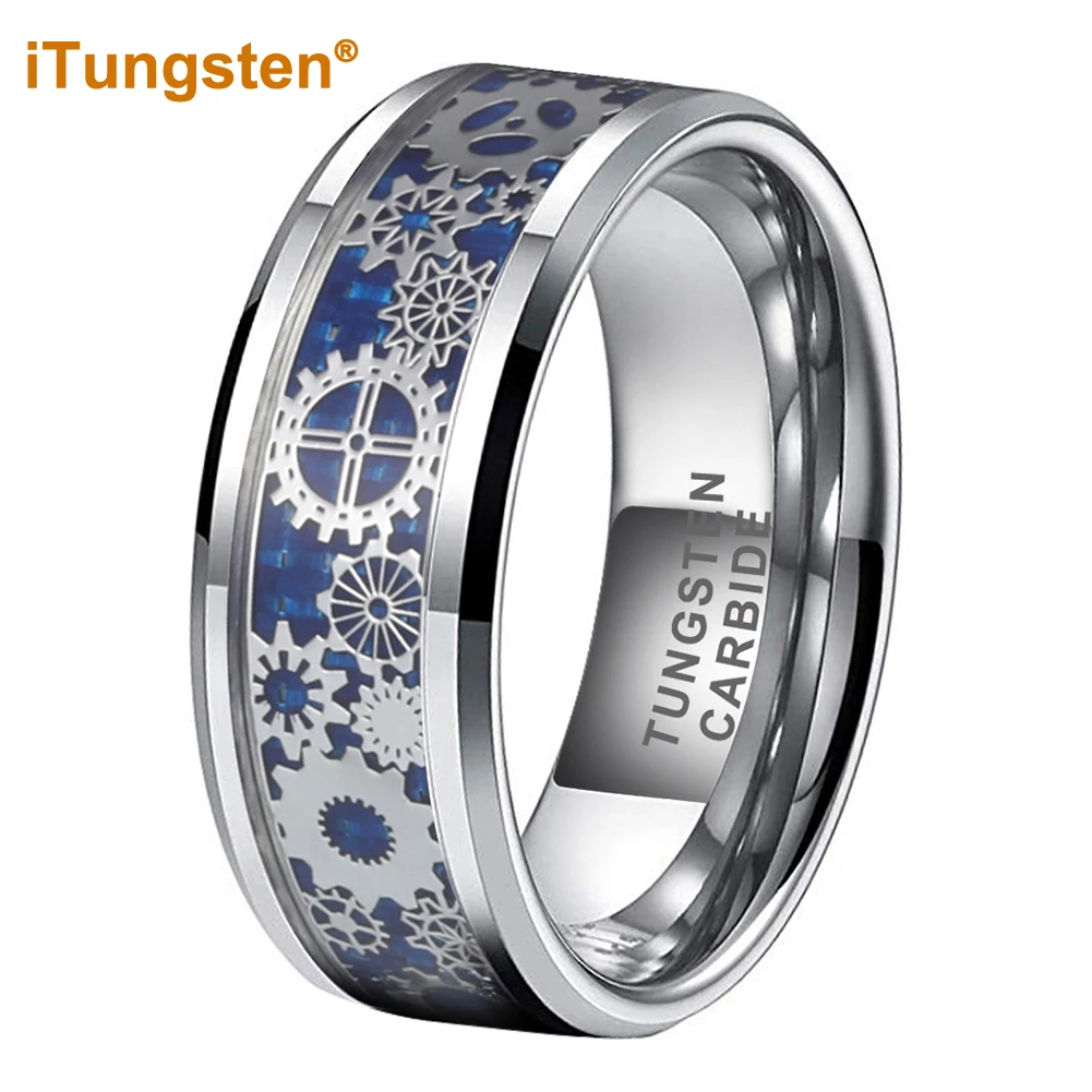 

iTungsten 6mm 8mm Blue Carbon Fiber Steampunk Gear Inlay Tungsten Ring for Men Women Wedding Band Fashion Jewelry Comfort Fit
