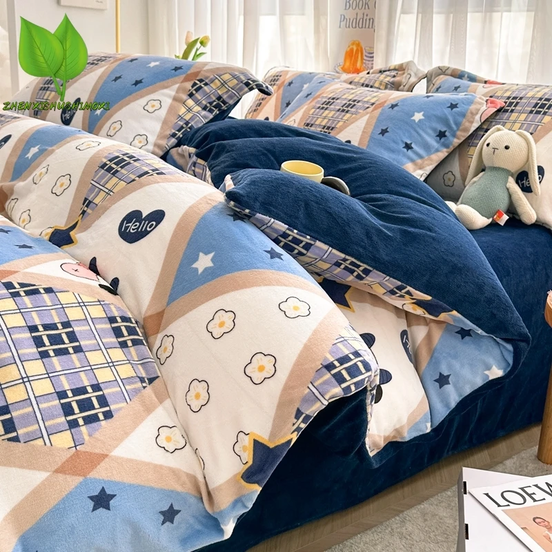 

4pc Sets Thicken Flannel Winter Duvet Cover Cartoon Adult Kids Quilt Cover Single Twin Double Queen King Bedding Comforter Cover