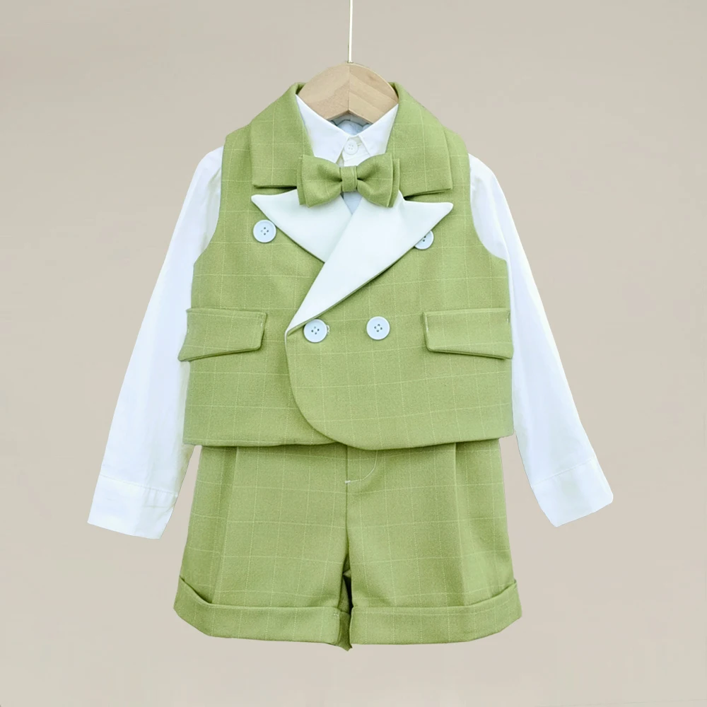 2023 New Baby Suit Boys Gentleman Clothing Set Kids Girl Plaid Green Vest Short  Bowtie Formal 3Pcs Christmas Party Dress