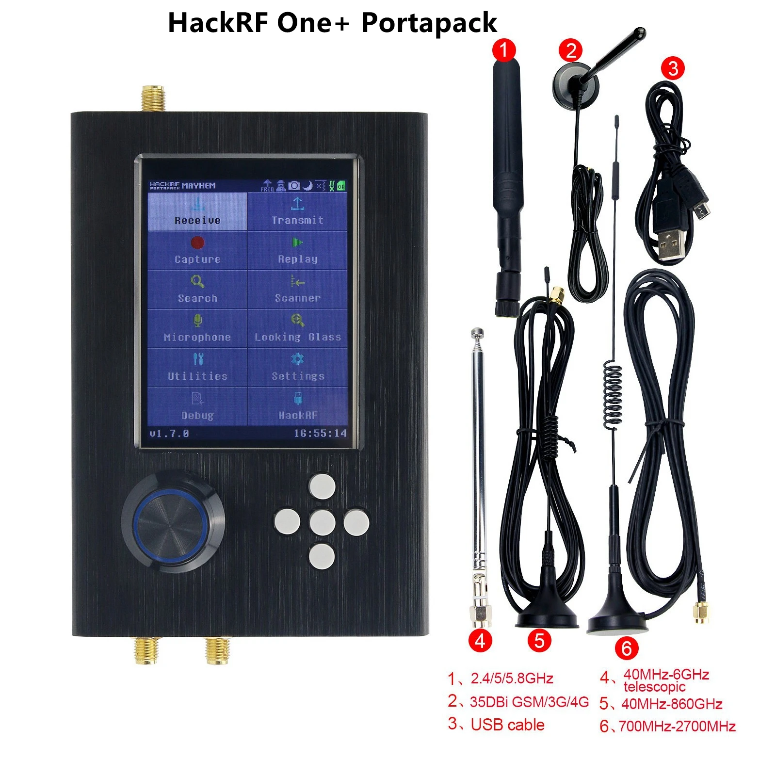 

New 1MHz-6GHz HackRF One R9 V1.7.0 Upgraded PortaPack H2 3.2" LCD 0.5ppm TXCO SDR Raido Optional Plastic Metal Shell Antenna