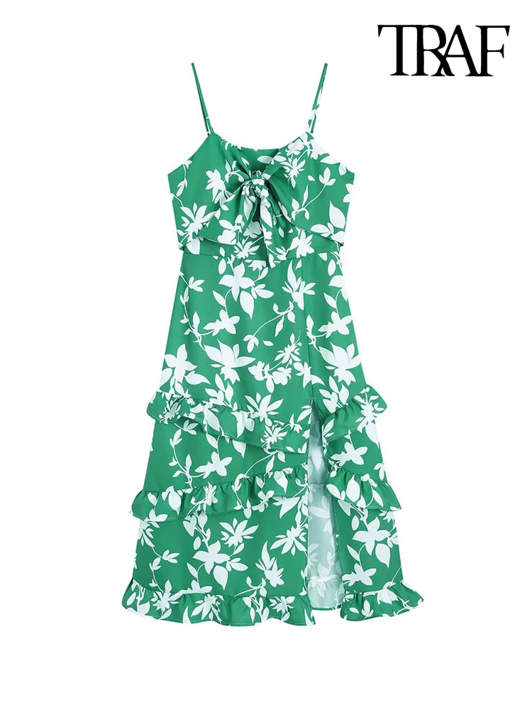 

TRAF Women Fashion With Tied Bow Printed Ruffled Midi Dress Vintage Backless Zipper Thin Straps Female Dresses Vestidos