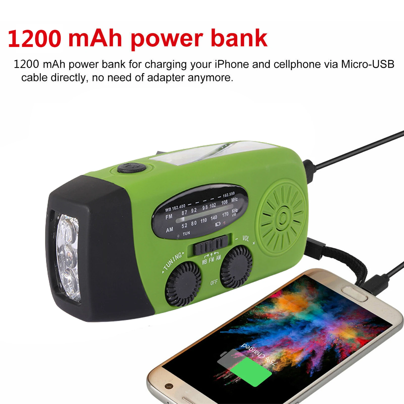 

1200mAh Hand Crank Emergency-Radio AM/FM Emergency Radio Multi-functional Flashlight IPX3 Waterproof Battery Operated USB