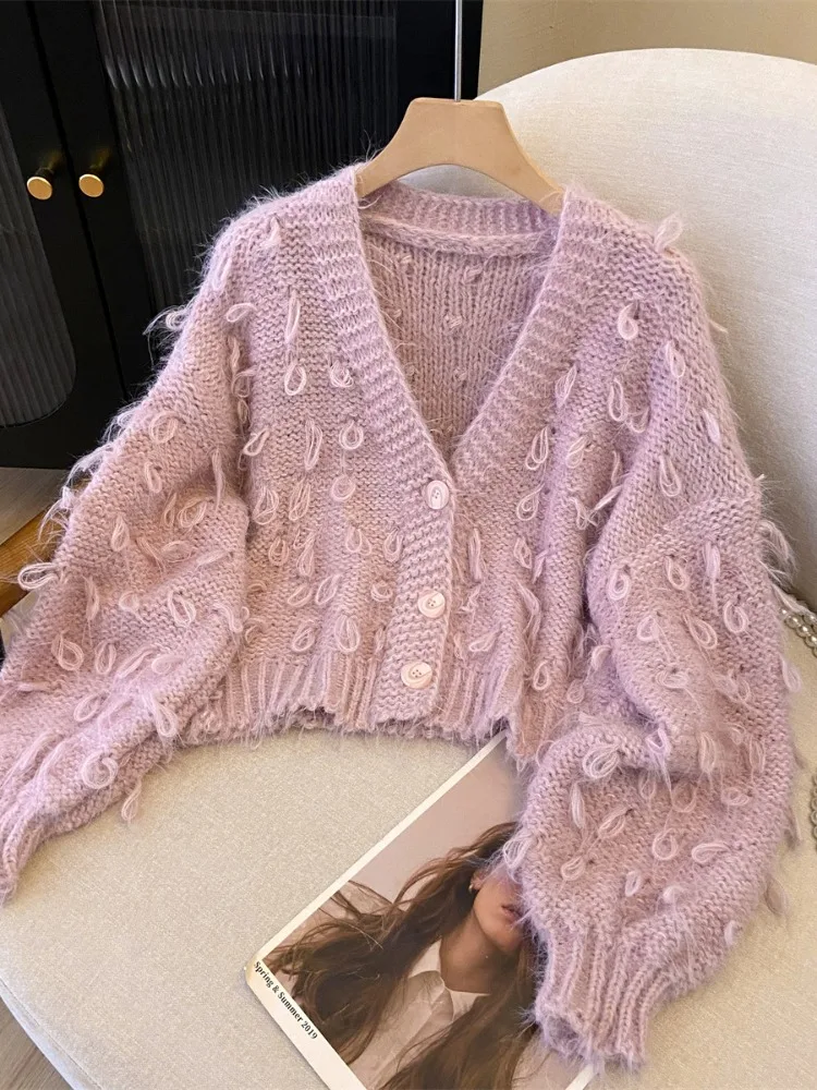 Milk Fufu розовый вязаный кардиган с кисточками и v-образным вырезом женский