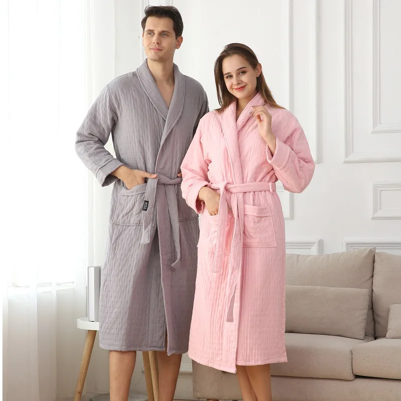 Cotton bathrobe absorbent six-layer yarn autumn and winter thickened long nightgown men and women couple bathrobe towel
