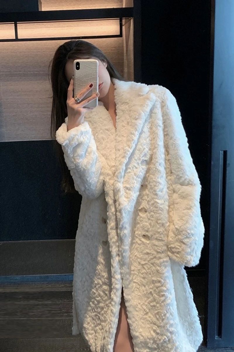 New Imitation Lamb Plush Coat Environmental Protection Faux Fur Winter Elegant Solid Color Long Sleeve Jacket Overcoat