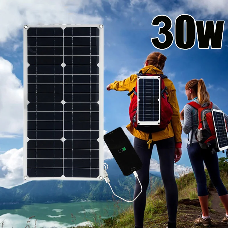 

30W Solar Panel 5V USB Portable Power Outdoor Monocrystalline Silicon Solar Cell Plate Hiking Backpack Traveling Phone Charger