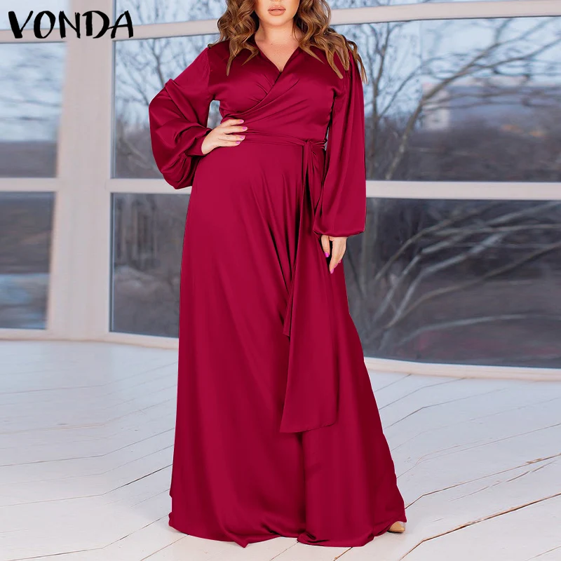 

Соблазнительные плиссированные платья VONDA с V-образным вырезом и пышными рукавами, женские повседневные однотонные мешковатые платья, женс...