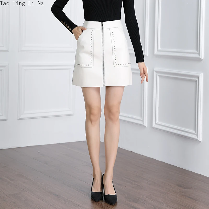 2022 Genuine Leather Skirts Autumn and Winter Sheepskin Skirts High Waist Lambskin A-line Skirts K15