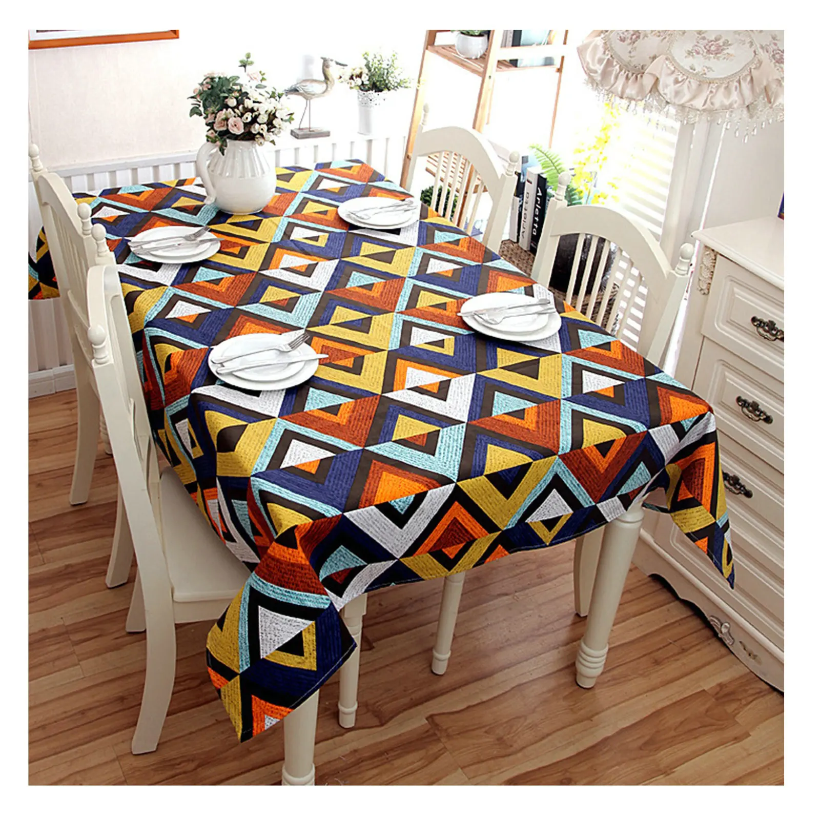 

Quilted Table Cloths Canvas Geometric Triangle Printed Orange Yellow Rectangle Modern Non Slip Kitchen Dining Decor