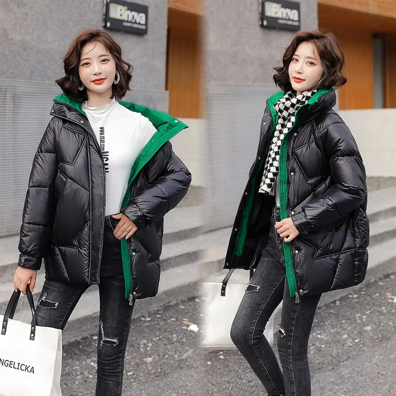 Cotton Jackets for Fashion Ladies Autumn Winter Stand Collar Loose Chic Coat Solid Color Patchwork Button Parka Zipper Parka