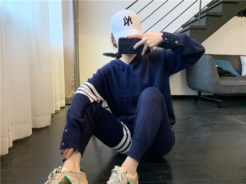 TB college style thickened four-bar hoodie sweater suit Korean version loose casual knitted sweater sweater pants leggings