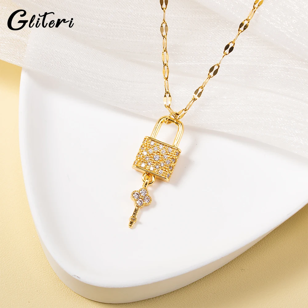 

GEITERI 2023 Stainless Steel Lock Pendant Necklaces For Women Girls Gold Color Zircon Crystal Key Clavicular Chain Jewelry Party