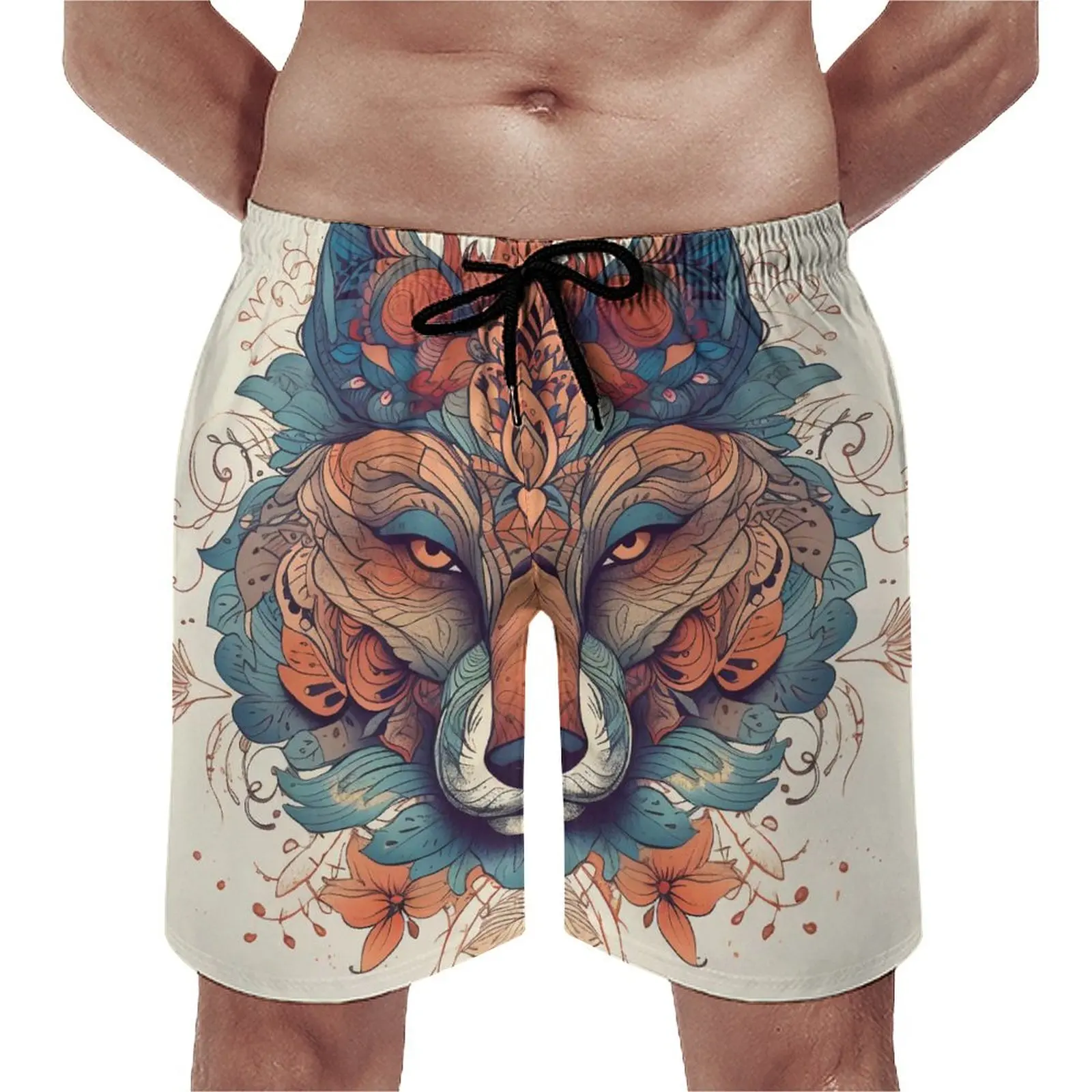 

Wolf Board Shorts Summer Animal Floral Mandala Cute Beach Short Pants Men Running Surf Comfortable Design Beach Trunks