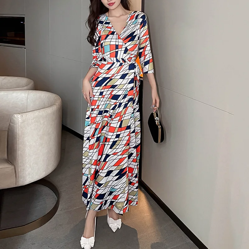 

Fashion Striped Print Tie Waist Long Dresses Women Elegant V Neck Half Sleeve Party Formal Dresses Casual Wrap платье женское